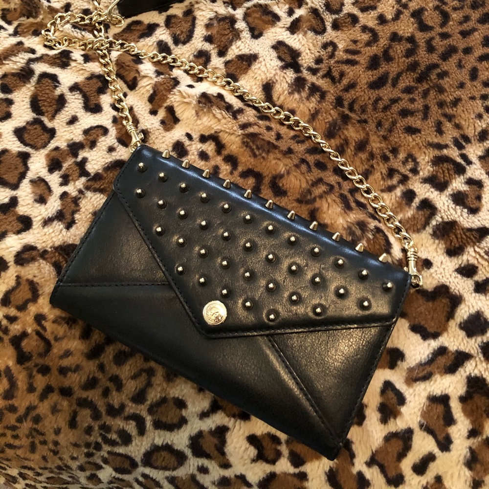 Rebecca minkoff black leather gold studded crossbody.